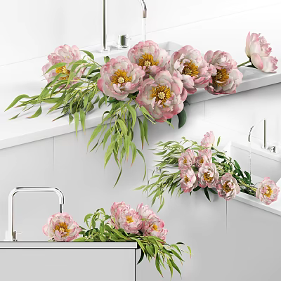 Elegant Pink Peonies With Green Leaves In Glass Vase On White Countertop 3d model