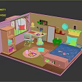 Bright Kids Bedroom Interior With Pink Yellow Walls Bed Desk Bookshelf And Decor