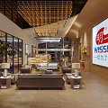 MINGSUN Front Desk Reception Area Modern Lounge With Sofa Plants Wooden Ceiling And Large Windows