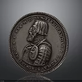 Detailed Historical Portrait Sculpture Carving On Ancient Metal Coin With Armor And Inscriptions