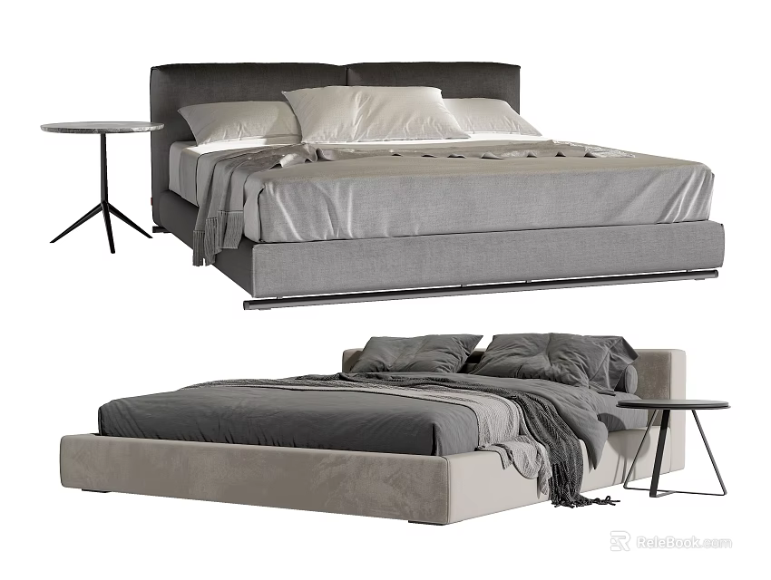 Modern Double Bed Frame With Upholstered Headboard Side Table And Bedding 3d model 