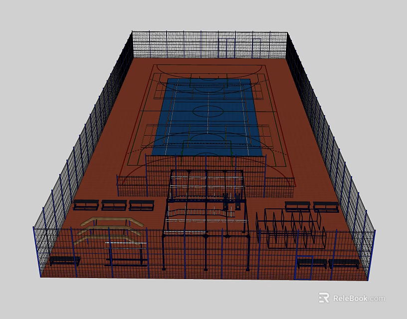 Fenced Sports Court With Fitness Training Area And Bleacher Seats 3d model 