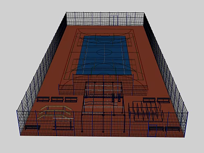 Fenced Sports Court With Fitness Training Area And Bleacher Seats 3d model