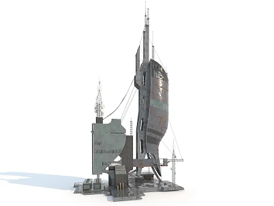 Cartoon Sci Fi Scene Featuring Futuristic Tower With Antennas And Metal Structures 3d model