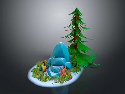 Natural Winter Scene With Snowy Ground Blue Rock Pine Tree And Small Plants 3d model