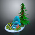 Natural Winter Scene With Snowy Ground Blue Rock Pine Tree And Small Plants