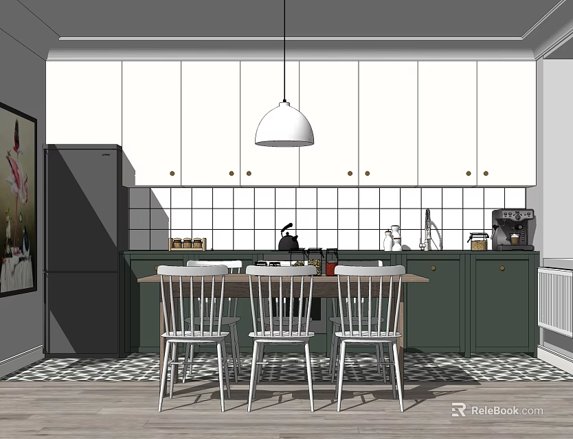 Modern Kitchen Interior Dining Table Set With White Pendant Light And Green Cabinets 3d model