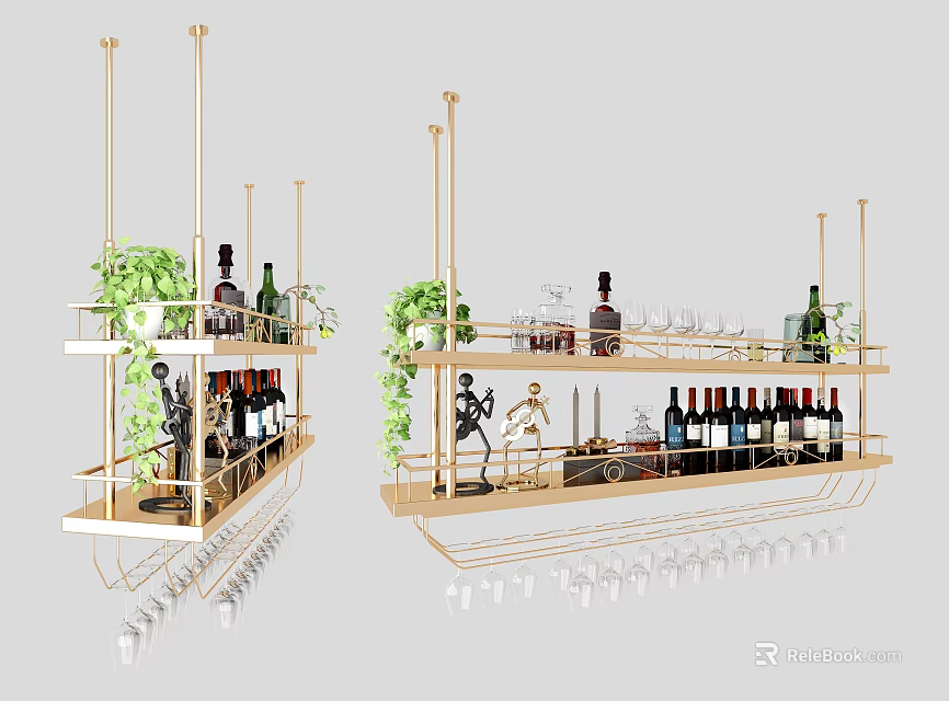 Modern Wine Cabinet With Golden Frame Multi Layer Shelves Wine Bottles And Green Plants 3d model 