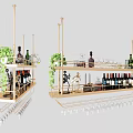 Modern Wine Cabinet With Golden Frame Multi Layer Shelves Wine Bottles And Green Plants
