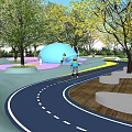 Beautiful Park Landscape With Colorful Track Children Riding Bikes Green Trees And Stone Benches