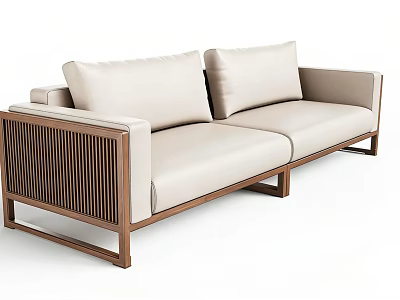 Modern Three Seater Sofa With Beige Upholstery And Wooden Frame For Living Room 3d model