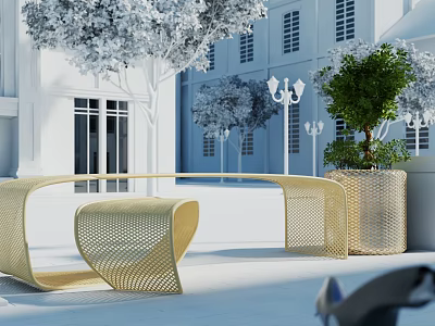 Elegant Modern Golden Metal Outdoor Chairs With Hollow Mesh Design In White Building Garden 3d model