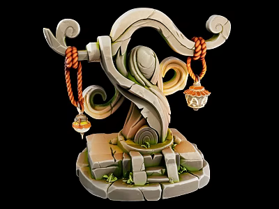 Ancient Ornamental Sculpture With Spiral Carvings Red Ropes And Hanging Lanterns 3d model