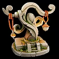 Ancient Ornamental Sculpture With Spiral Carvings Red Ropes And Hanging Lanterns