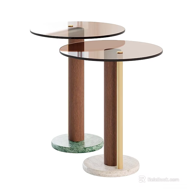 Modern Round Glass Top Side Tables With Wooden And Gold Metal Legs On Marble Bases 3d model 
