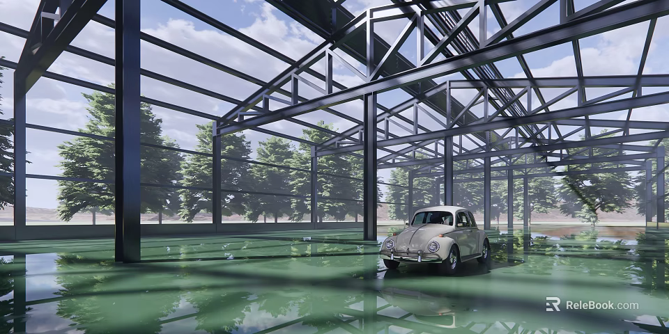 Industrial Workshop With Steel Structure Frame Glass Walls And Vintage Car On Green Floor 3d model 
