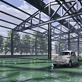 Industrial Workshop With Steel Structure Frame Glass Walls And Vintage Car On Green Floor