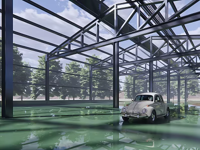 Industrial Workshop With Steel Structure Frame Glass Walls And Vintage Car On Green Floor 3d model