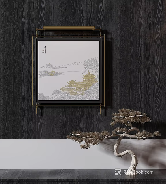 Abstract Painting with Black Frame Hanging on Dark Wooden Wall and Pine Decor 3d model 