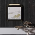 Abstract Painting with Black Frame Hanging on Dark Wooden Wall and Pine Decor
