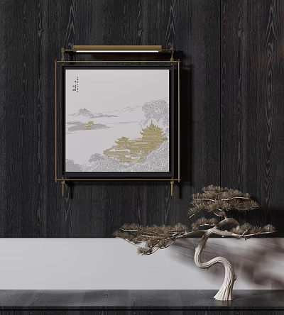 Abstract Painting with Black Frame Hanging on Dark Wooden Wall and Pine Decor 3d model
