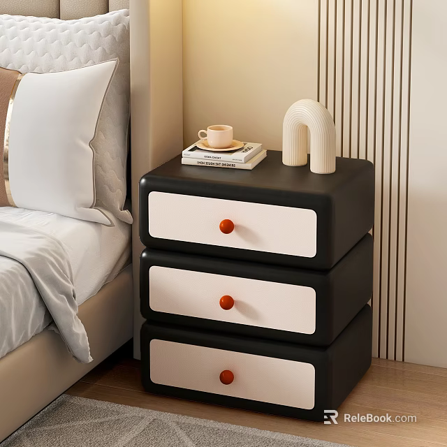 Stylish Black And White Bedside Table With Red Knobs Coffee Cup Book And Decorative Accent 3d model 