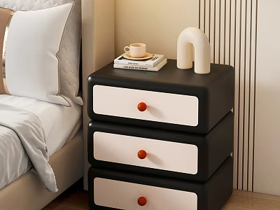 Stylish Black And White Bedside Table With Red Knobs Coffee Cup Book And Decorative Accent 3d model