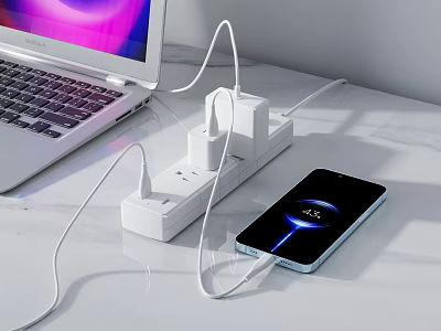 Laptop Smartphone Charging Setup With Power Strip And Cables On Desk 3d model