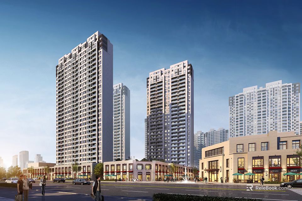Modern High Rise Residential Buildings With Commercial Street Pedestrians And Trees 3d model 