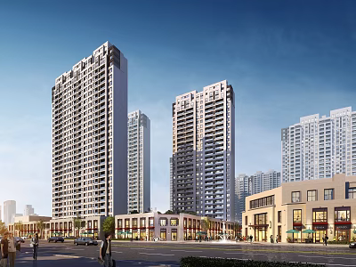Modern High Rise Residential Buildings With Commercial Street Pedestrians And Trees 3d model