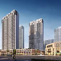 Modern High Rise Residential Buildings With Commercial Street Pedestrians And Trees