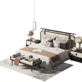 Modern Double Bed With Headboard Pillows Nightstand Lamp Rug And Footrest 3d model