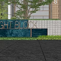 Feature Wall With EIGHT BLO Sign Perforated Lattice Wavy Texture Greenery And Modern Building