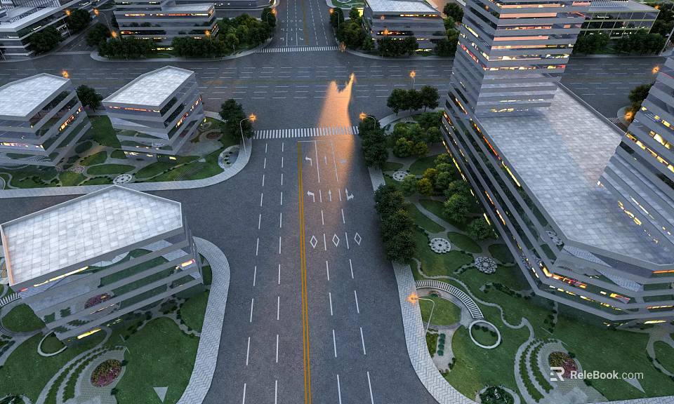 Birds Eye View Urban Planning with Modern Buildings Wide Roads and Green Spaces 3d model 