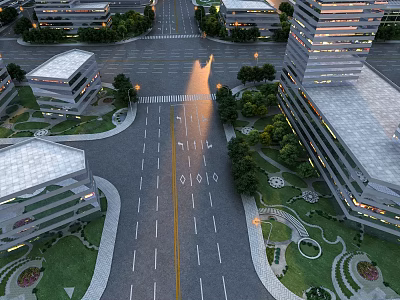 Birds Eye View Urban Planning with Modern Buildings Wide Roads and Green Spaces 3d model
