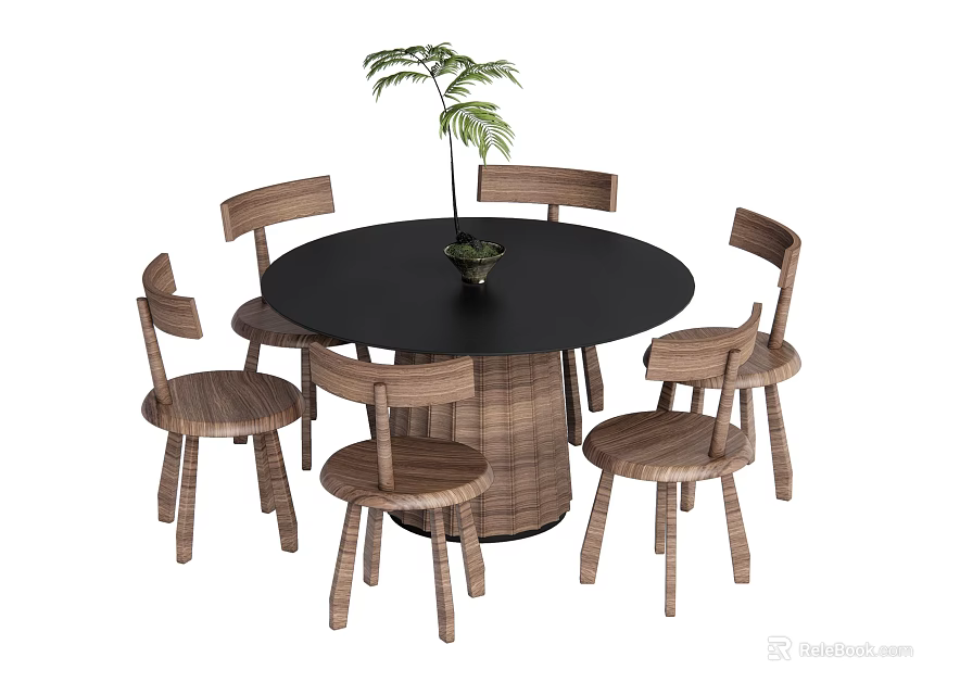 Round Black Dining Table Set With Six Wooden Chairs And Woven Seats Plus Potted Plant 3d model 