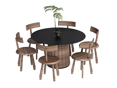 Round Black Dining Table Set With Six Wooden Chairs And Woven Seats Plus Potted Plant 3d model