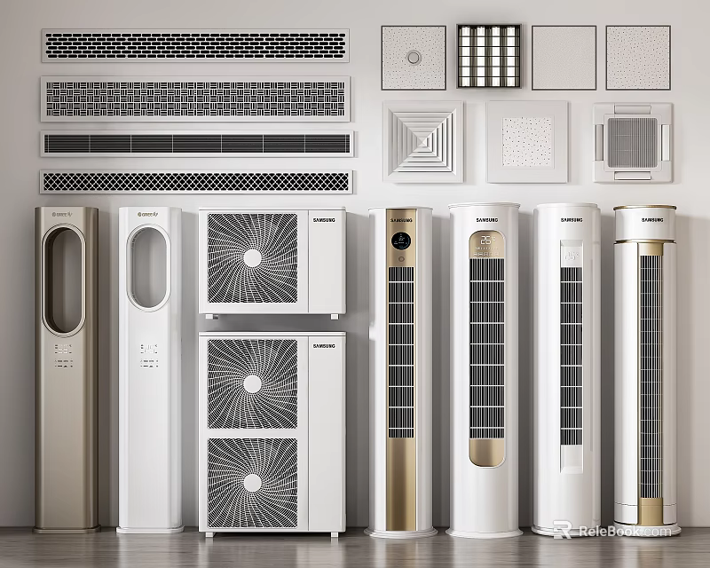 Modern Air Conditioners And Fans Featuring Standing Wall Mounted Units And Grilles 3d model 