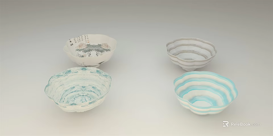 Ceramic Bowl Set With Different Colorful Patterns For Kitchen Dining Table 3d model