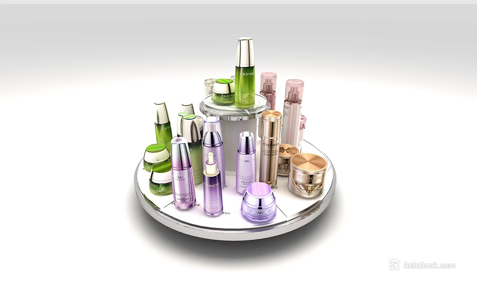 Rotating Circular Display Shelf With Various Cosmetic Products And Skincare Jars 3d model 