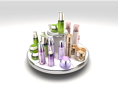 Rotating Circular Display Shelf With Various Cosmetic Products And Skincare Jars 3d model