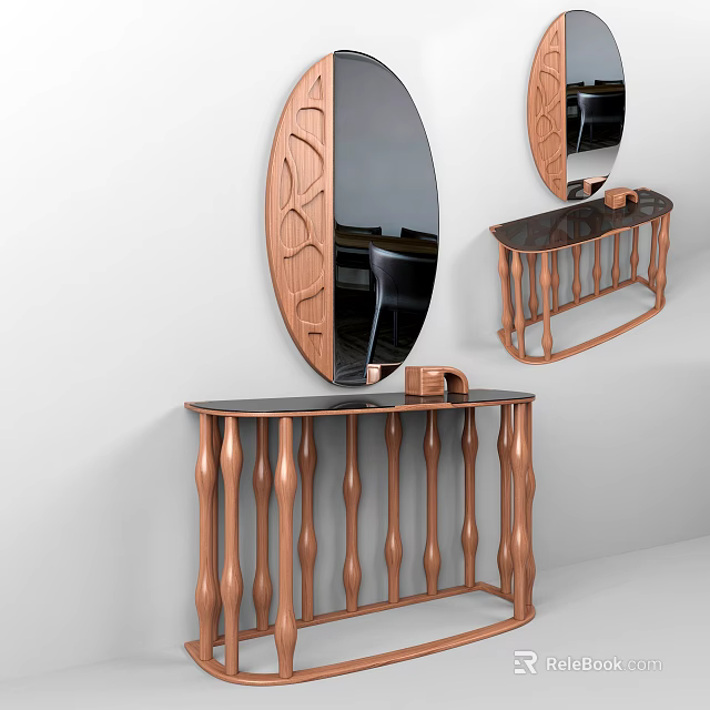 Modern Console Table Design With Wooden Curved Legs And Oval Mirror And Glass Top 3d model 