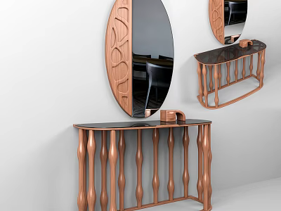 Modern Console Table Design With Wooden Curved Legs And Oval Mirror And Glass Top 3d model