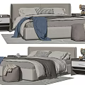 Modern Upholstered Double Bed With Gray Bedding Bedside Tables And Pouf 3d model