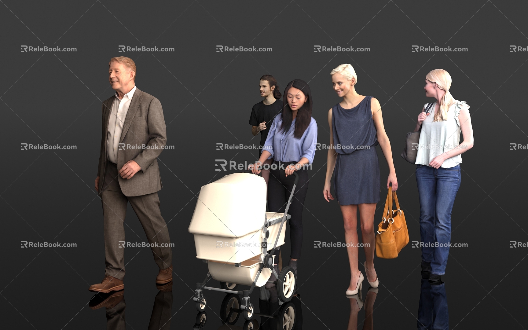 Family stroller mother mother dialogue foreigners elderly Asians party crowd line many men and women scene atmosphere 3d model