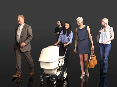 Group of People With Baby Stroller Different Outfits Standing on Shiny Black Floor 3d model