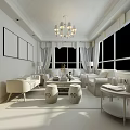 Elegant Living Room Interior With Chandelier Large Windows Blue Curtains Sofa And Coffee Table