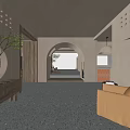 Bright Hotel Public Lounge Area With Arched Doorway Beige Walls Plant Armchair And Fireplace