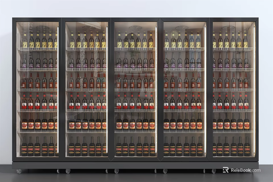 Modern Wine Cooler With Multiple Glass Doors Neatly Arranged Various Wine Bottles Inside 3d model 