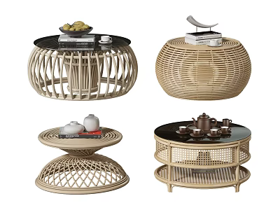 Natural Rattan Tea Tables With Round Shape Layered Design And Tea Sets Books 3d model